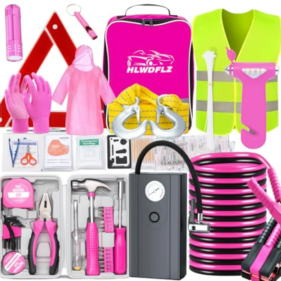 

Pink Car Roadside Emergency Kit with Jumper Cables and Auto Air Compressor Tire Inflator for Vehicle Truck Safety Emergency Roa