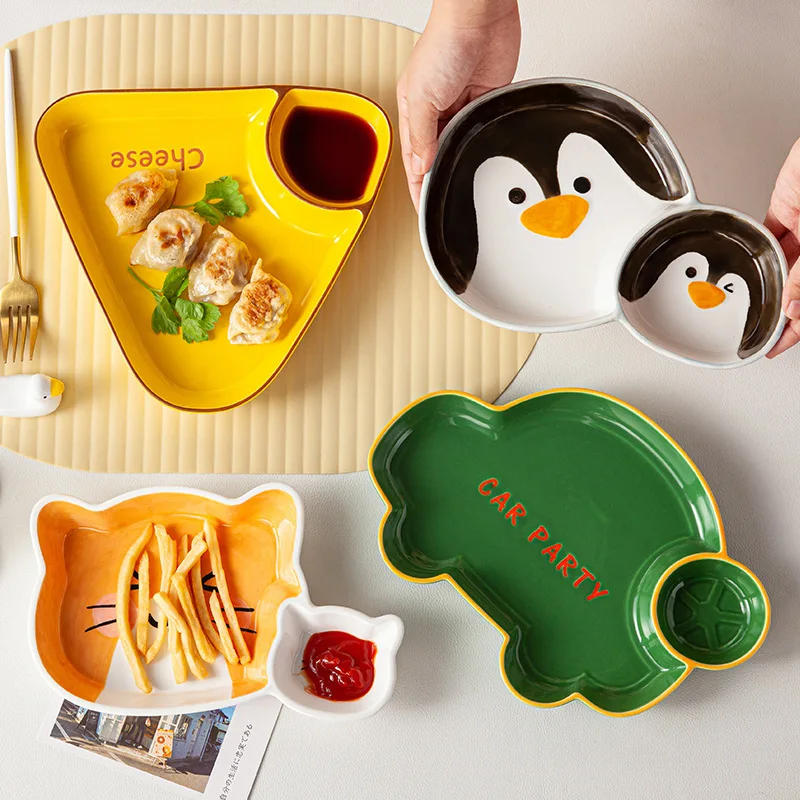 

Creative Kids Dumpling Plate with Sauce Dish Cute Underglaze Color Divided Dinnerware for Home Use