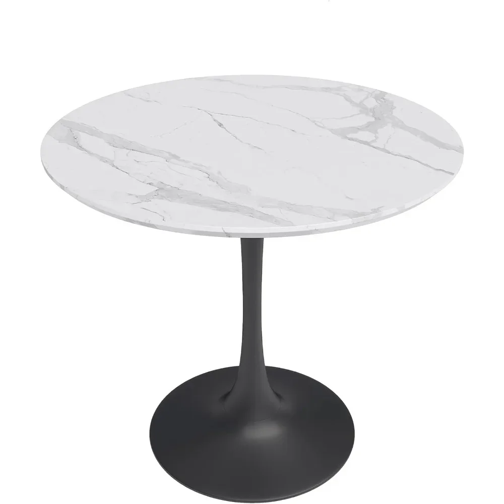 

Kurv 31.5" Tulip Cafe Kitchen Table, White Faux Marble And Black, Mid-Century Modern Pedestal Table|