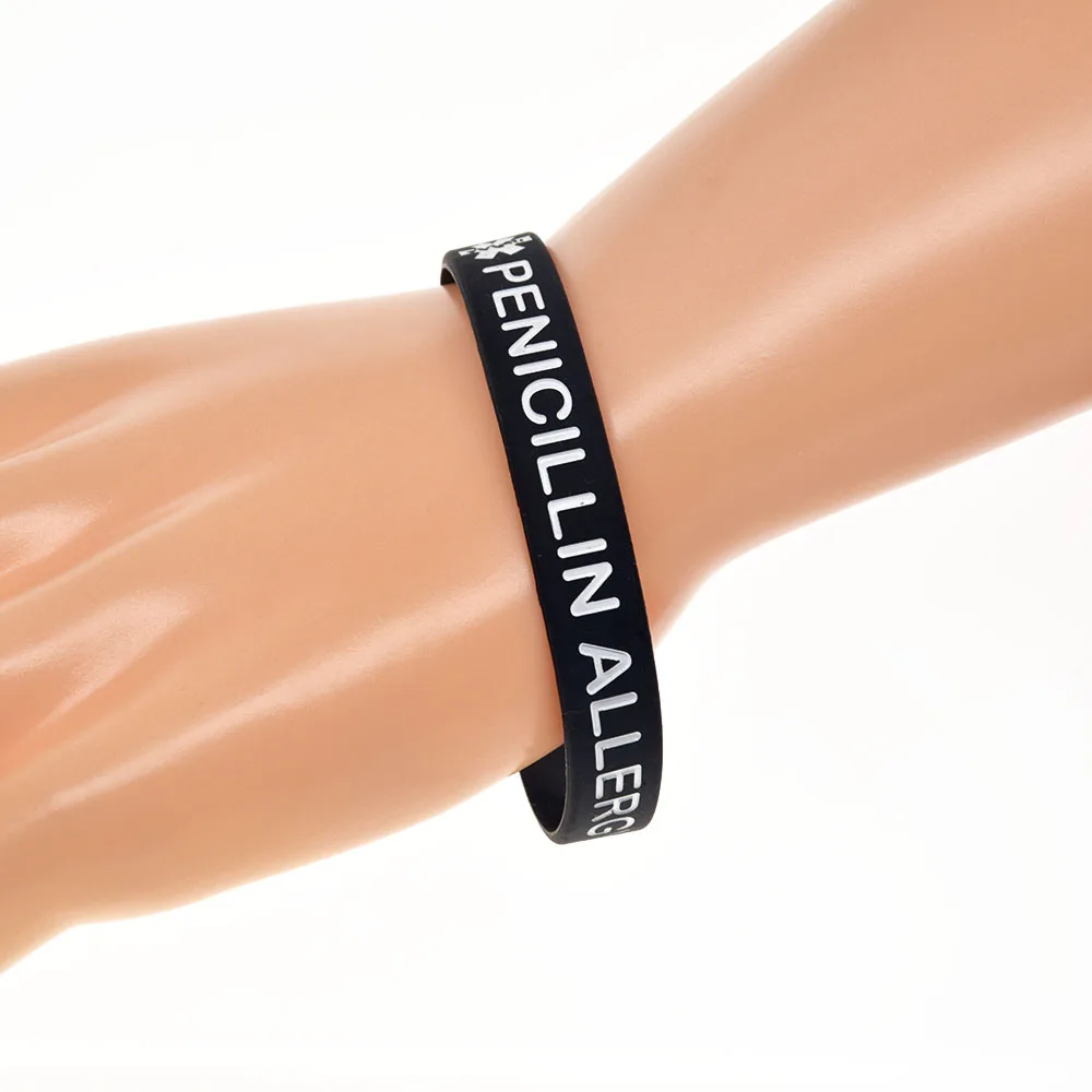 50 Pcs Medical Alert ID Bangle PENICILLIN ALLERGY Silicone Rubber Wristbands Adult Size 4 Colors