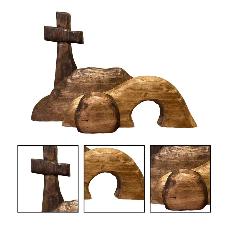 Easter Resurrection Scene Set Jesus Nativity Scene Wooden Cross Empty Tomb Statue Set Easy Assemble Removable Easter Statue