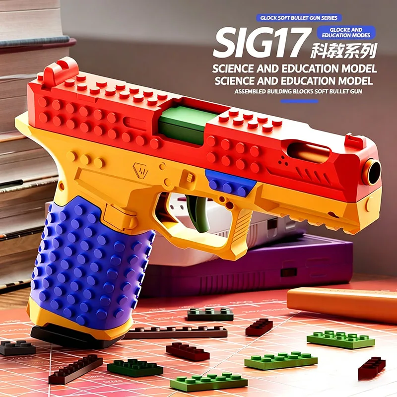 Building Block Toy Gun – DIY Soft Bullet Pistol Shell Ejecting, Science Educational Assembly Model Kit, Birthday Gift for Kids