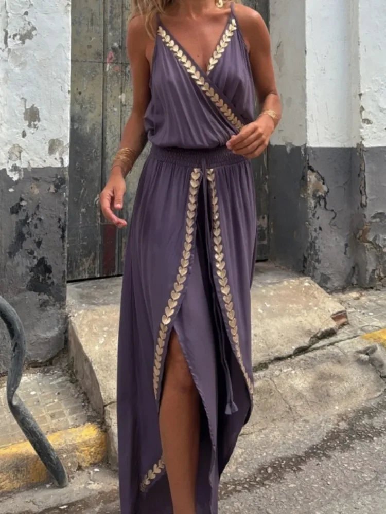 Summer Vintage Gold Ribbon Border High Waist Jumpsuits Elegant Sexy V Neck Loose Suspender Casual Sleeveless Streetwear Romper