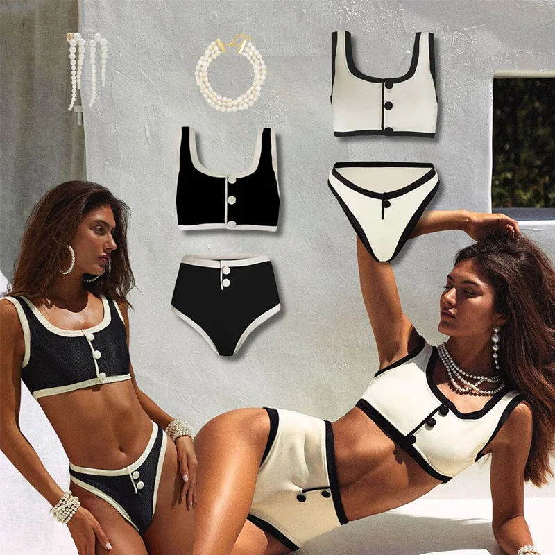 Biquínis sexy preto e branco, maiô de cintura alta com bloco de cores perfeito para férias e festa na piscina