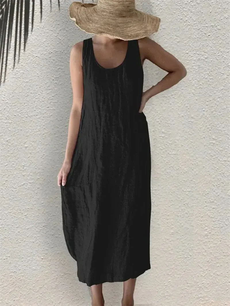 Women Comfortable Casual Cotton Linen Dresses 2024 Summer Solid Color Side Pockets Dress Female O Neck Pullover Sleeveless Gown