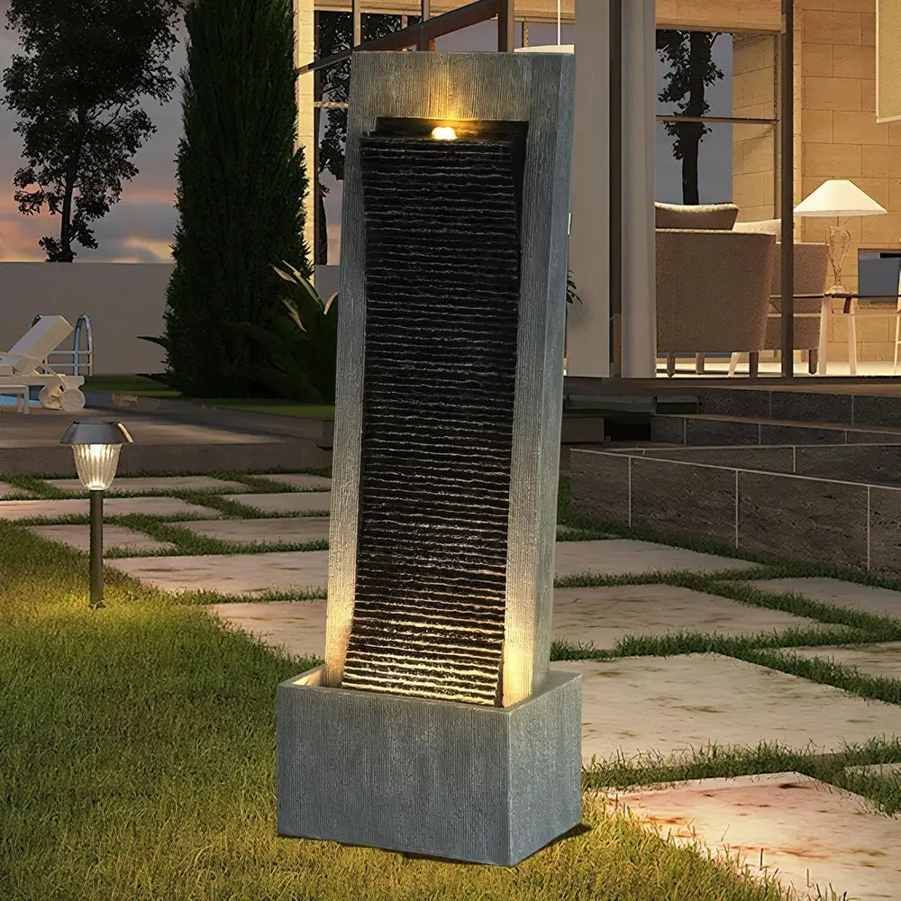 

H Modern Curved Faux Slate Waterfall Fountain, Indoor/Outdoor Freestanding Fountains with LED Lights and Pump, Floor Standing Wa