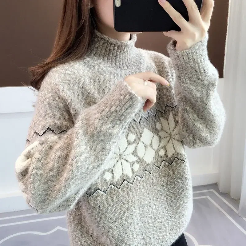 

Autumn Winter Women's Half High Collar Jacquard Weave Pullovers Sweaters Elegant Versatile Loose Casual Long Sleeve Tops F96