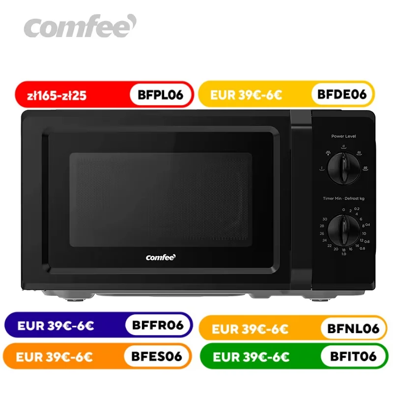 COMFEE' Microwave Oven, 19L Capacity, 700W Power, 5 Power Levels, 30 Minute Timer, Defrost, Black