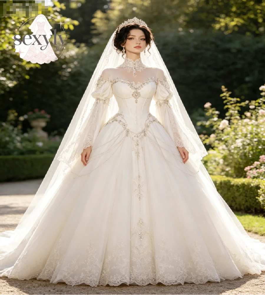 Vintage Princess Victorian Wedding Dress 2027 High Neck Puff Belle Sleeve Ball Gown Celtic Bridal Gowns Beaded Chain Medieval