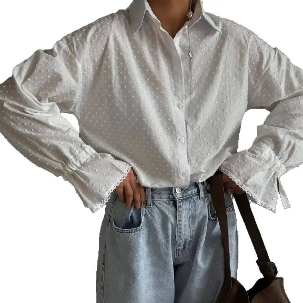 Single Breasted Cardigan Cotton Blouse Women's White Shirts Spring Fashion Autumn New Flared Sleeve Top