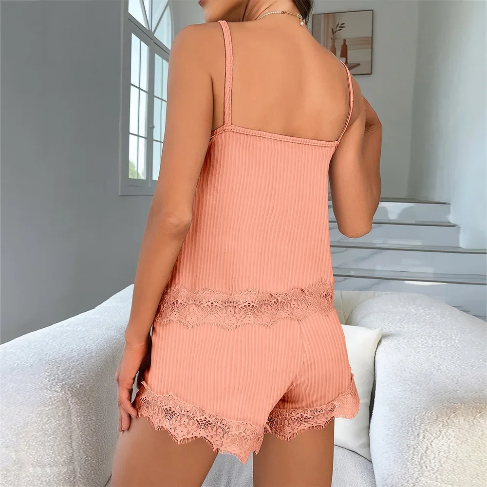 Two Piece Women's Camisole Sexy Lace Suspender Pajama Shorts Set Casual Women's Sleeveless Sexy Pajama Set Solid Bow Decorate image 3