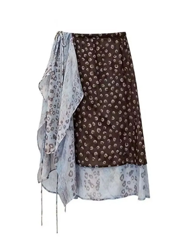 Irregular Printed Skirts Women One Piece Bandage Waist Overlap A-line Skirt Vintage Y2k Aesthetic Contrast Color Faldas