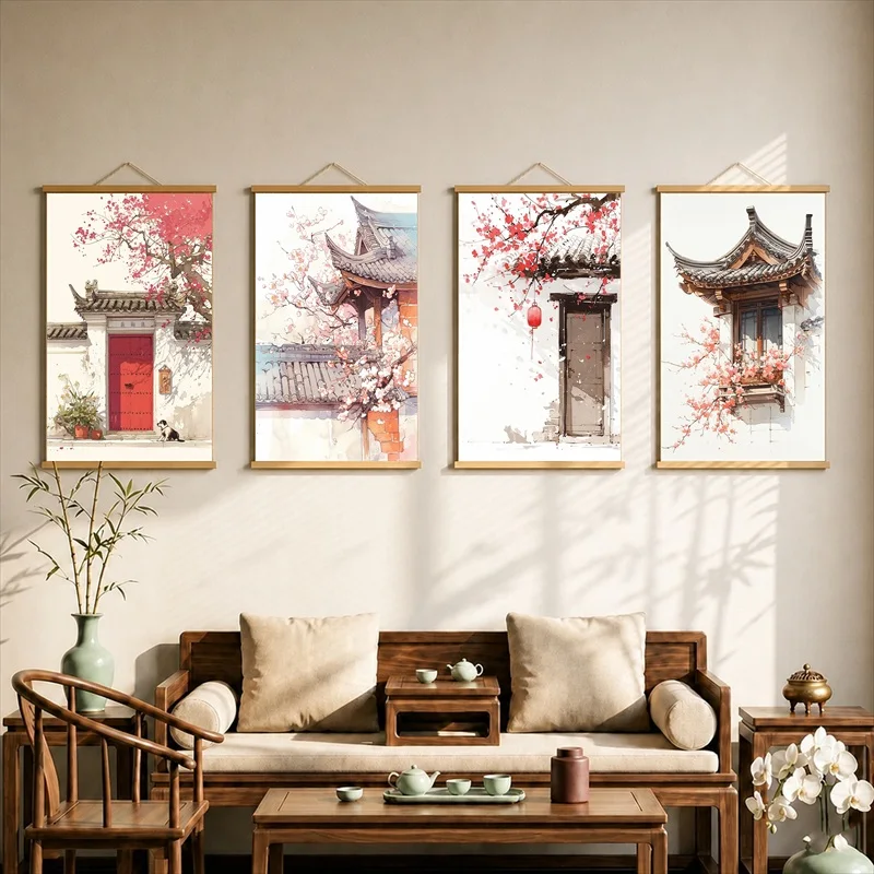 Wall Art Red Gates and Blossoms in Ancient Courtyards, Pearlescent Canvas Hanging Scroll for Boutique Hotel Interior Decor