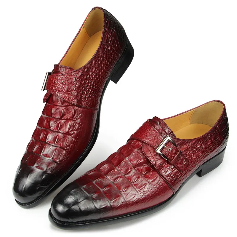 Classic Luxury Men's Shoes Fashion Wedding Evening Alligator Leather Printed Casual Shoe Man Buckle Shoes Hand Slip Red Casual