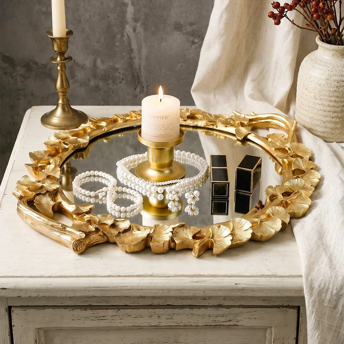 Golden Ginkgo Leaf Mirror Tray Three-dimensional Golden Leaf Storage Tray Desktop Storage Container Trays Decorative Dish