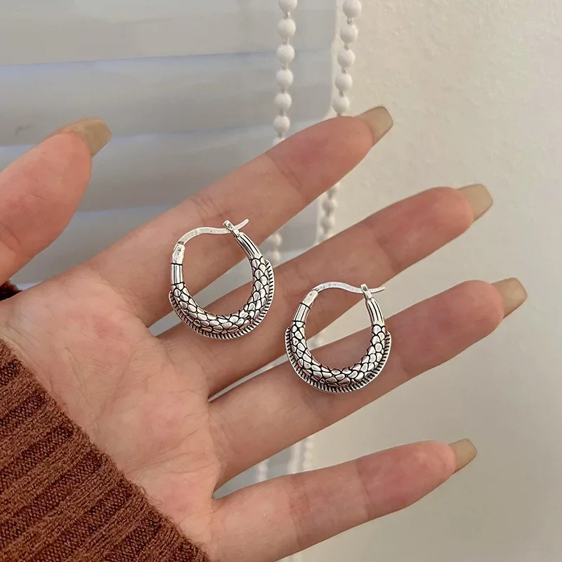 925 Sterling anting-anting Hoop Hip Hop cetak ular Vintage Perak untuk wanita 2023 anting-anting pesta pernikahan Korea hadiah perhiasan wanita