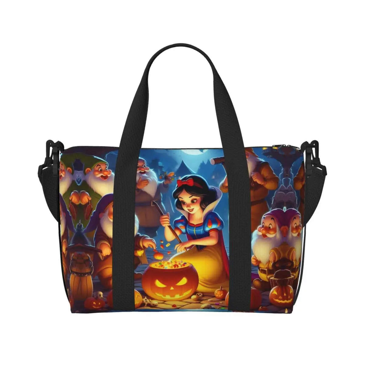 

Custom Snow White And The Seven Dwarfs Beach Tote Bag for Women Extra Large Gym Carry On Kawaii Princess Travel Shopping Bags