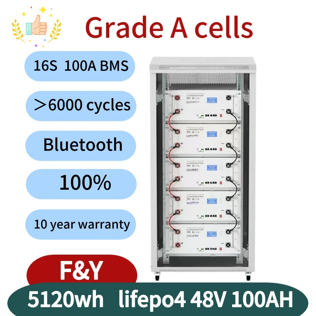 

LiFePO4 48 В 100 Ач 150 Ач 51,2 В 5 кВтч Литиевый аккумулятор Akku CAN RS485 6000 + цикл RV Домашнее питание от солнечной энергии