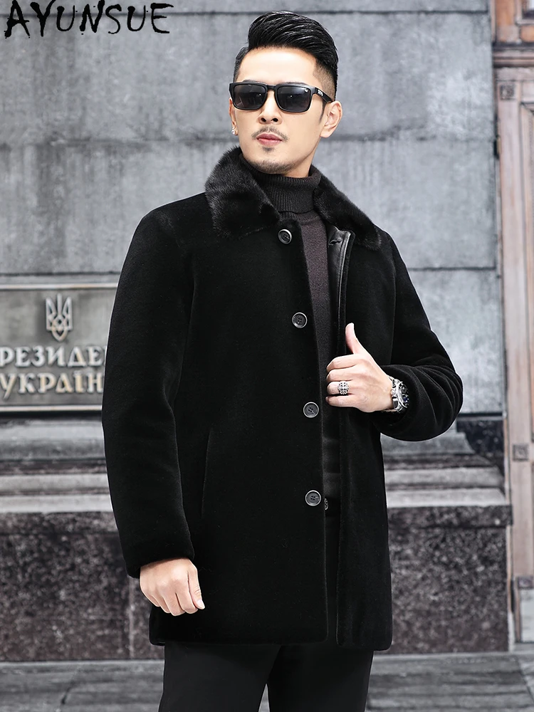 AYUNSUE New Sheep Shearing Jacket for Men Winter 100% Wool Coat Man High-end Fur Coat Man Mink Collar Mid-length Puffer Jackets