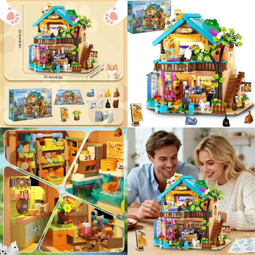 Kit di costruzione del negozio di animali illuminato della città: adorabile negozio di animali con gatti e cani per bambini e adulti dai 8 ai 12 anni in su