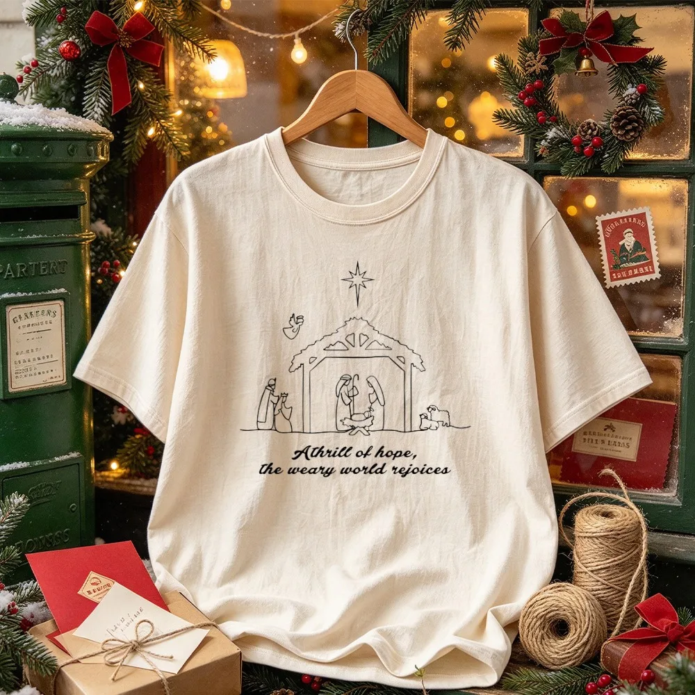 A Thrill of Hope The Weary World Rejoices T-shirt Christian Christmas Outdoors High Quality Cotton Short-sleev Graphic T Shirts