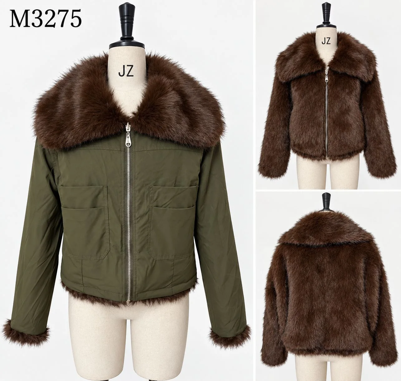 Green Short [unk]quilted[unk] Jacket For Women, Featuring A Large Lapel, False Fur Patchwork, And A Thickened Design For Autumn.