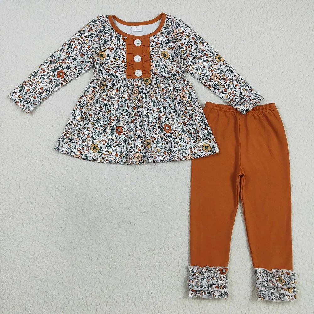 Wholesale Infant Long Sleeves Clothes Floral Buttons Tunic Baby Girl Outfit Children Kids Autumn Set Toddler Cotton Ruffle Pants