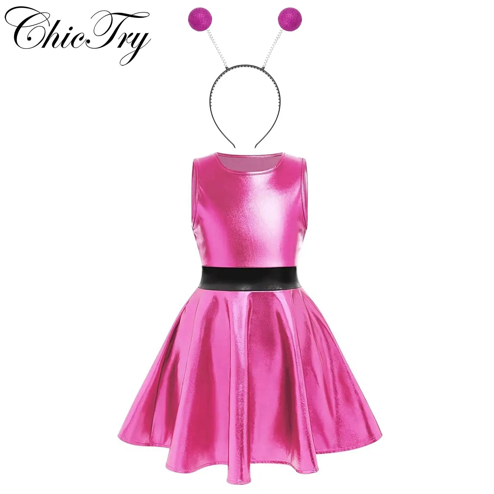 

Kids Girls Alien Costume Outer Space Cosplay Dress Halloween Carnival Party Sets Sleeveless A-Line Metallic Dress with Hair Hoop