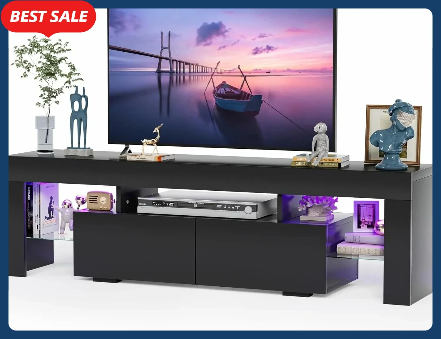 

Modern LED TV Cabinet Entertainment Center with Open Shelf Drawer and Remote Storage