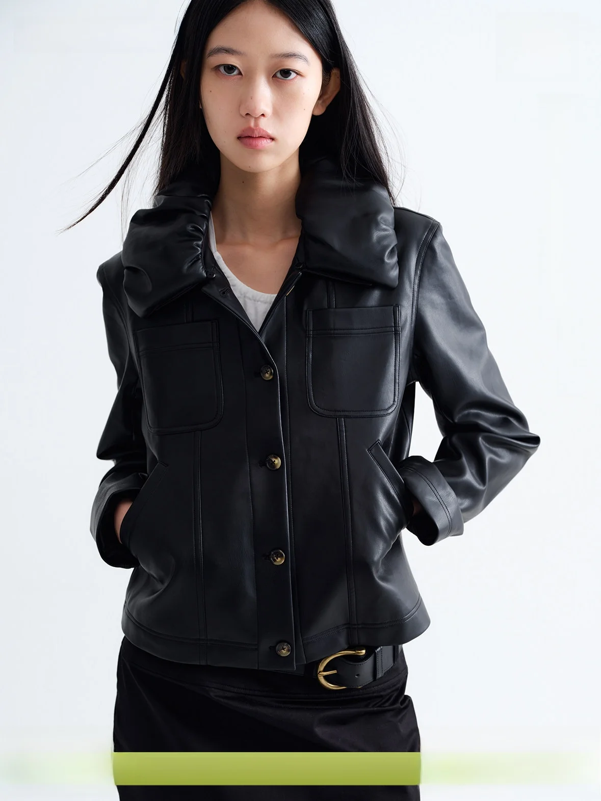 

Detachable Pillow Collar ort Jaet oulder Length Eco-friendly Leather Coat Women's Faion Retro Sle Zipper Closure So...