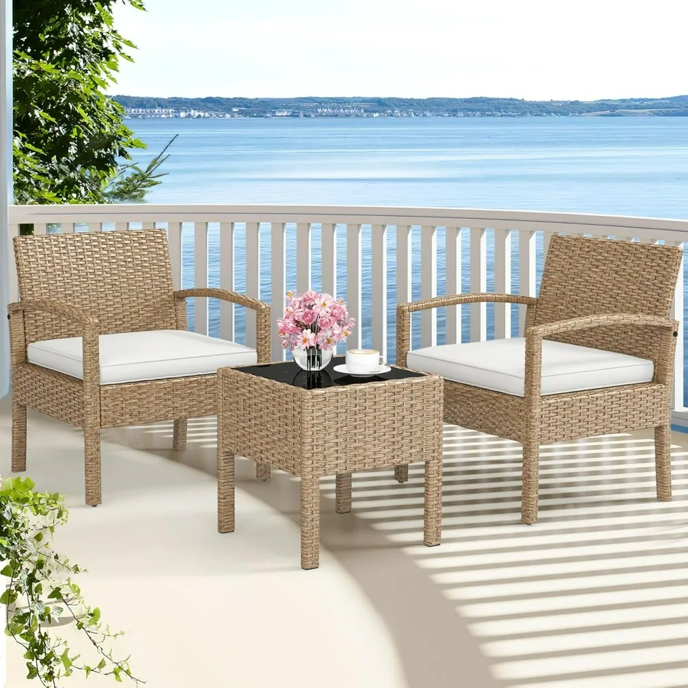 Outdoor Patio Furniture Wicker Bistro Set, All-Weather Rattan Conversation Chairs with Glass Side Table & Soft Cushions