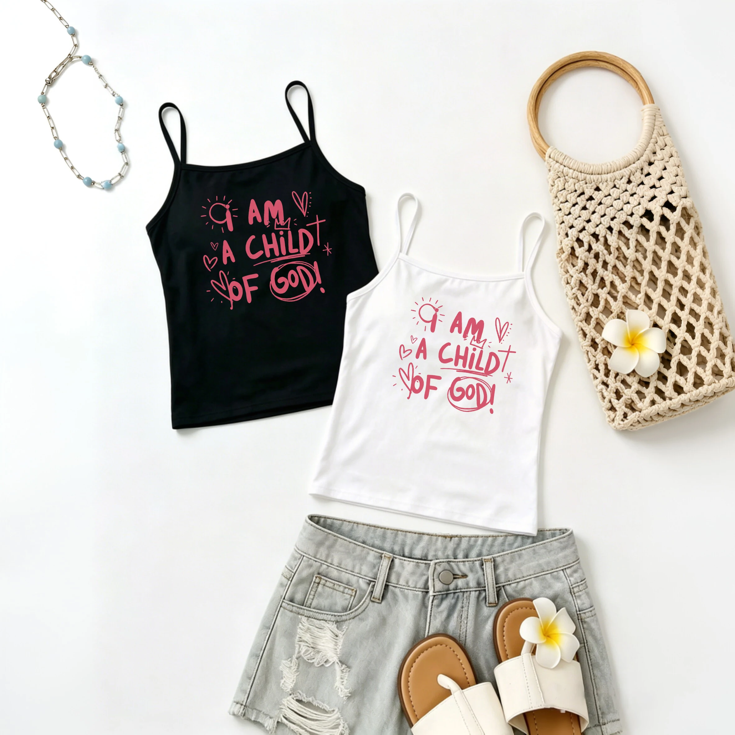 Pink Hand Drawn Heart Cross Faith Text Graphic Women Spaghetti Strap Camisole Y2K Aesthetic Sleeveless Vacation Sprin Summer Top