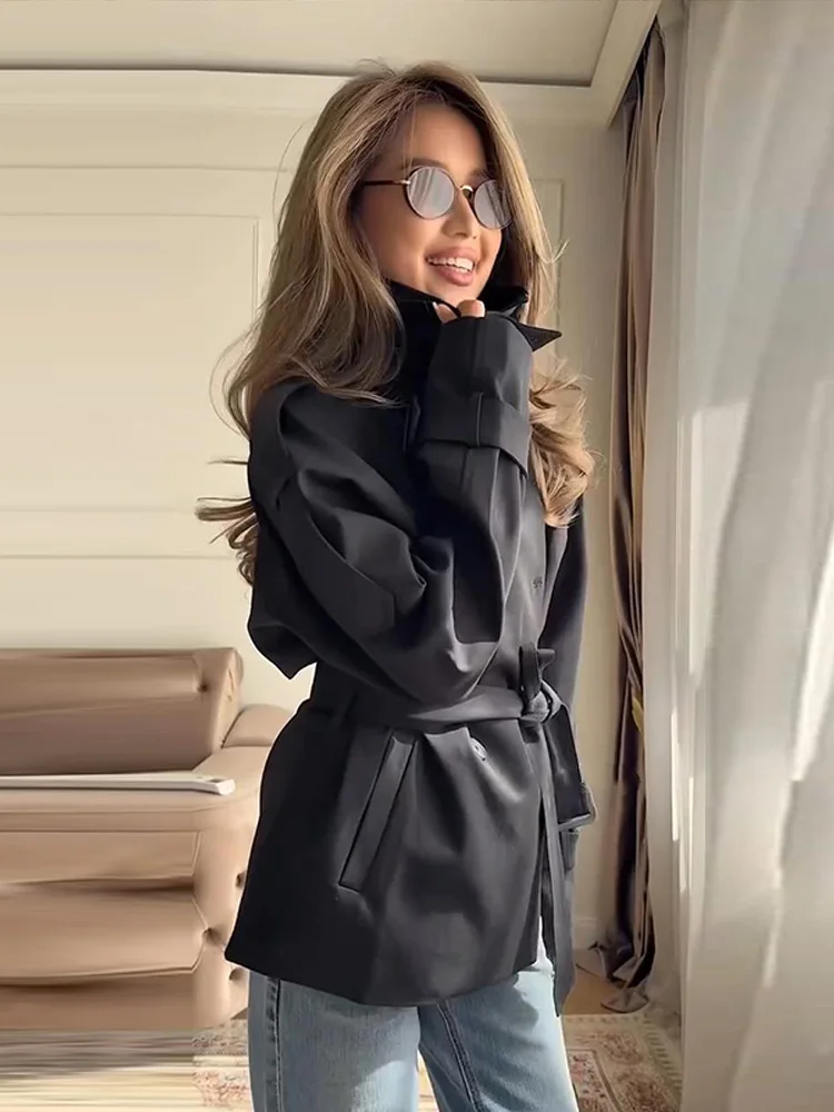 Elegant Belt Women's Short Trench Coat Stand Collar Long Sleeve Double Breasted Windbreaker 2026 Autumn Lady Commute Jacket 5