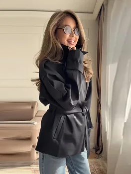 Elegant Belt Women's Short Trench Coat Stand Collar Long Sleeve Double Breasted Windbreaker 2026 Autumn Lady Commute Jacket 5