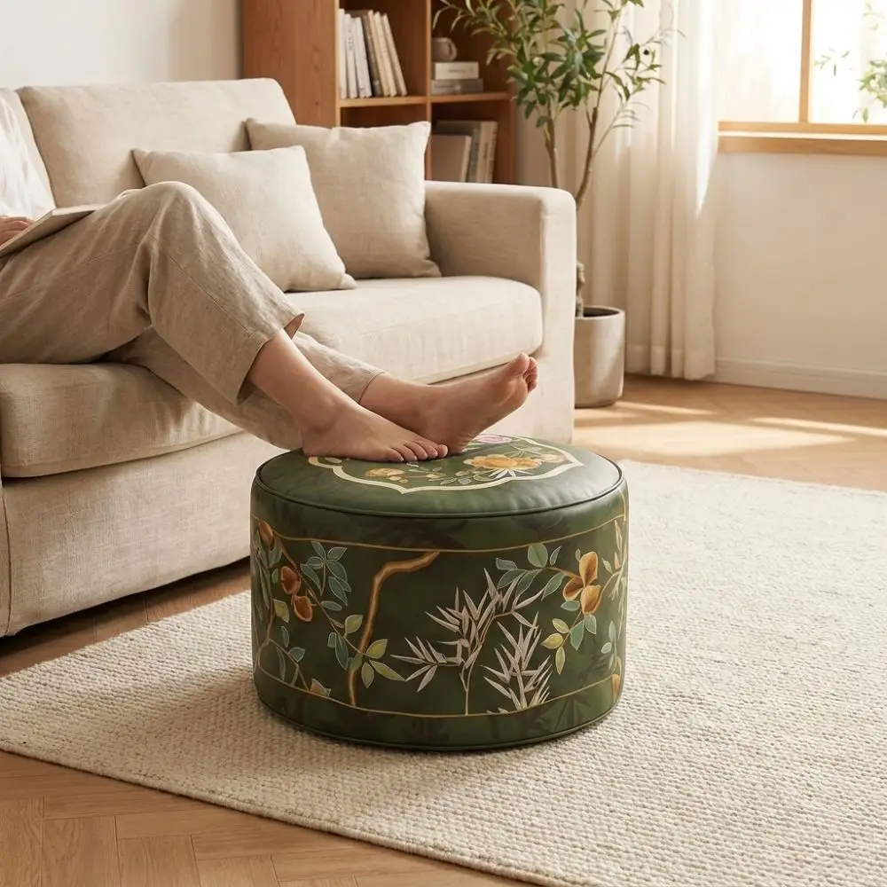 Space Saving PU Leather Footstool Cover Waterproof Large Capacity Pouf Cover Bohemian Style Round Sofa Stool Cover Floor Seat view 4