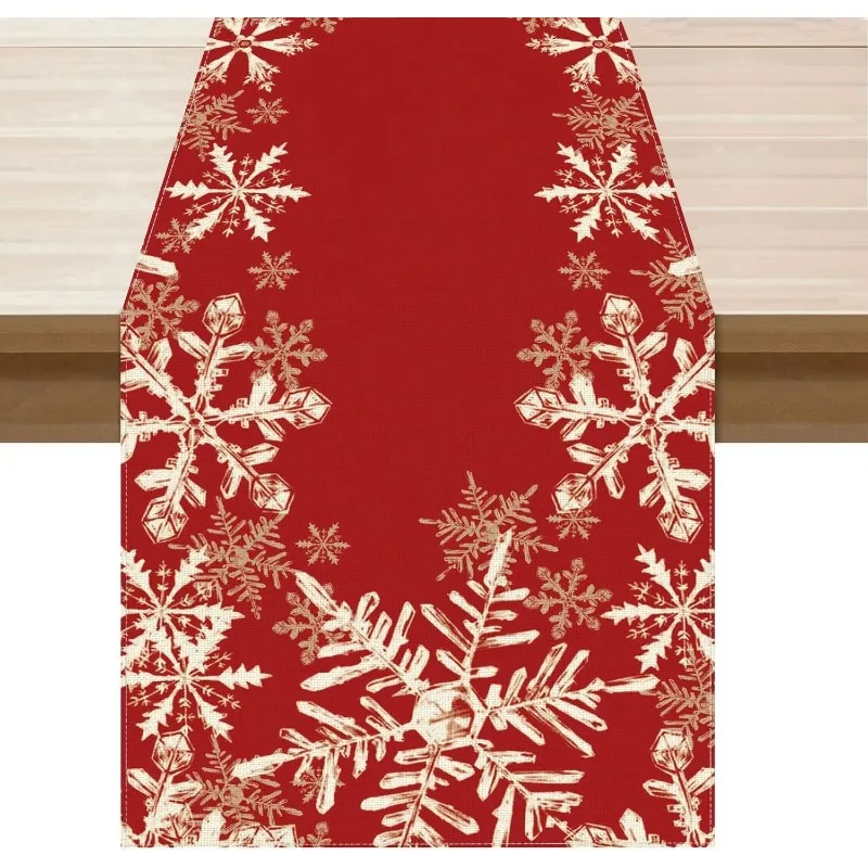 Christmas Table Runner Red Snowflake Winter Decoration, Durable Polyester Fabric for Home Kitchen Restaurant Holiday Party