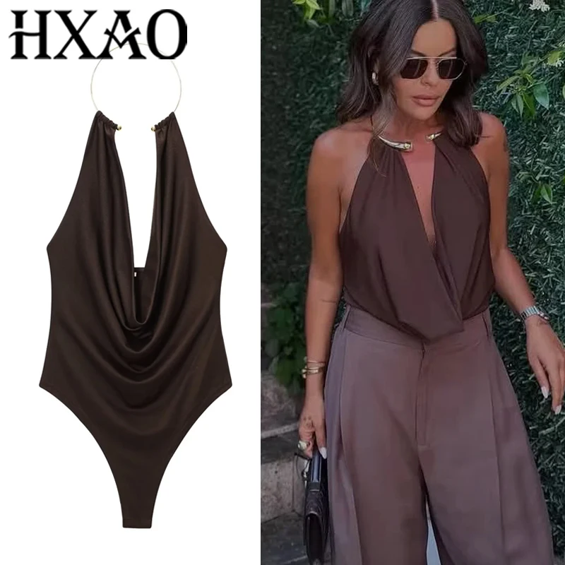 HXAO Halter Neck Bodysuit Women Off Shoulder Sexy Bodysuit Brown Top Summer Ruched Ring Backless Bodysuit Woman One Piece