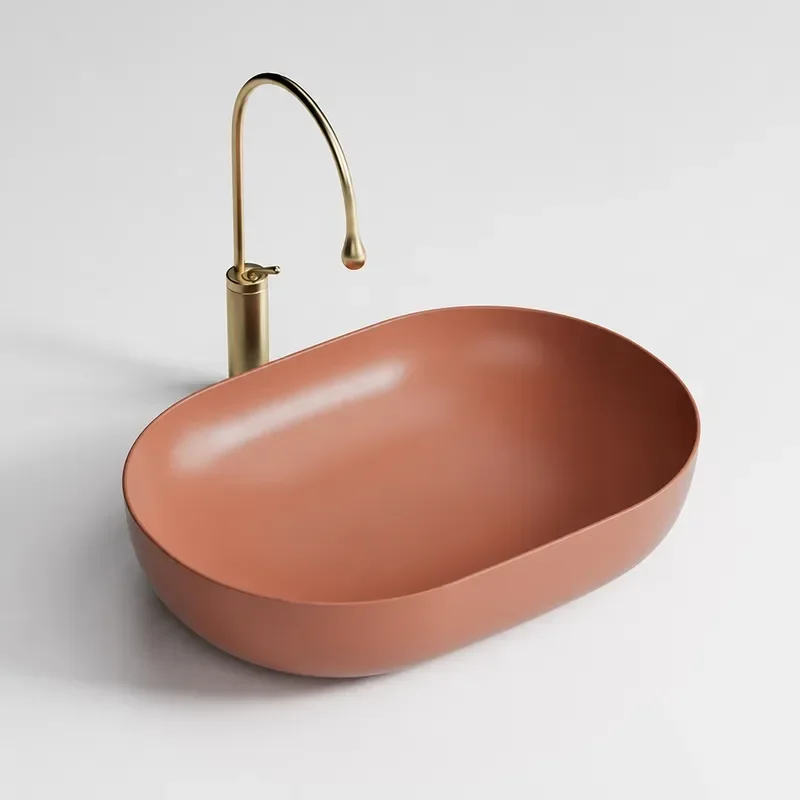 Brick Red Ceramic Integrated Wash Basin Single Bowl Colored Countertop Sink for Bathroom Balcony Artistic Face Basin