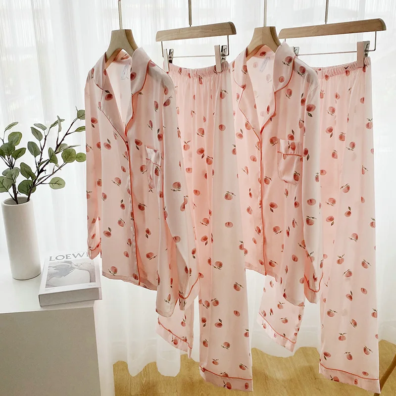 Women's Summer Pink Pajama Set High Grade Lmitation Silk Lapel Honey Peach Print Nightwear Button Pocket Short Sleeved Home Wear