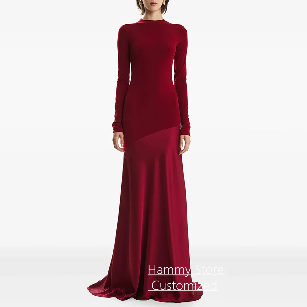 

Simple Modern Arab Prom Dress Customized Round Neck Long Sleeve Mermaid Party Gown Saudi Evening Dresses Sweep Train