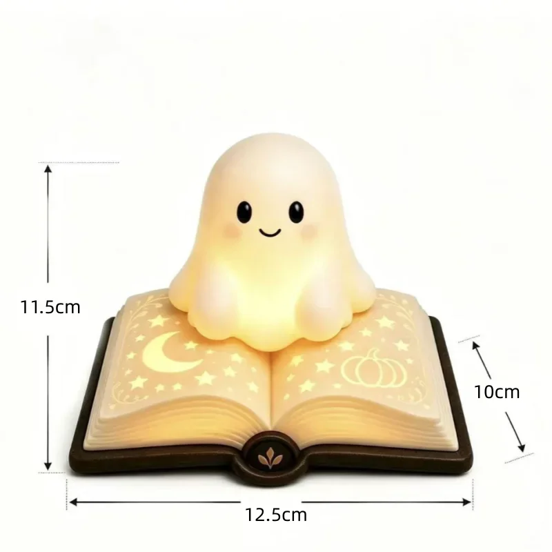 Halloween Cute Ghost Book Night Light Resin LED Glowing Lamp Battery Operated Flicker Candle Shelf Bedroom Tabletop Holiday Gift