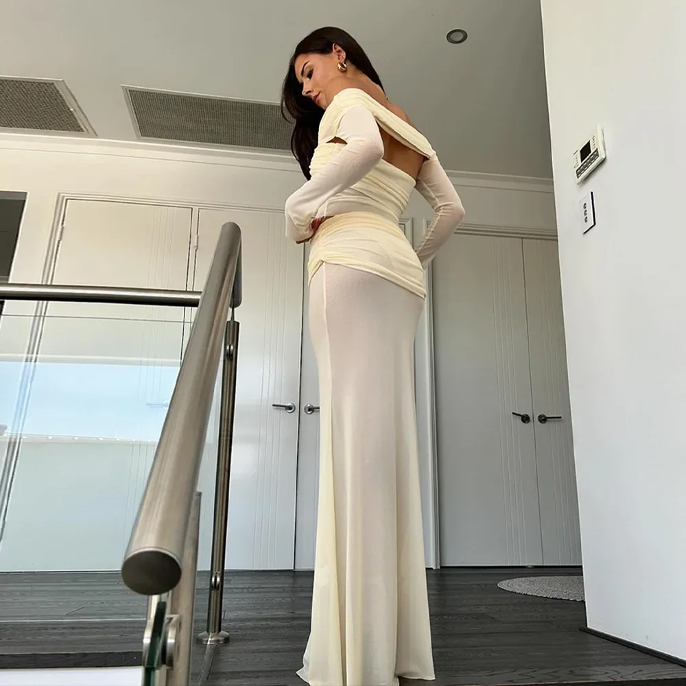 2024 Summer Off-Shoulder See-through Long Sleeve Pleated Dress Hot Girl Slim Fit Two-piece Set Elegant Sexy Party Dress Club Out