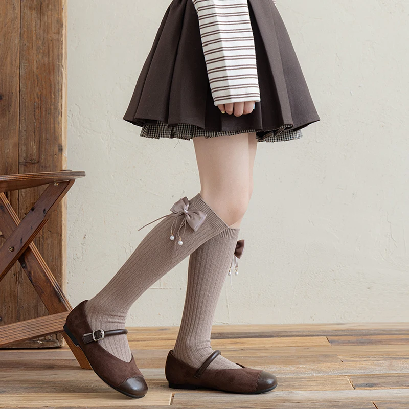 Princess‑Style Mid‑Calf Socks For Kids Sweet Pearl Pendant Streamer Bow Decor Skin‑Friendly Stretch Comfortable Cotton Stockings