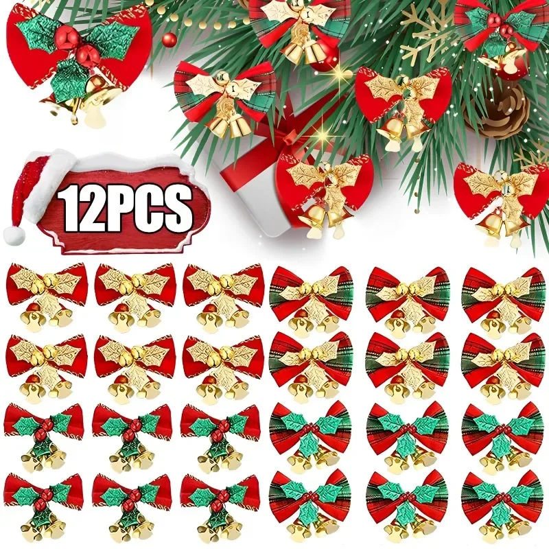 1-12PCS Christmas Bows with Bells Mini Christmas Bowknot DIY Craft Gift Ornaments Xmas Tree Hanging Decor New Year Home Decor