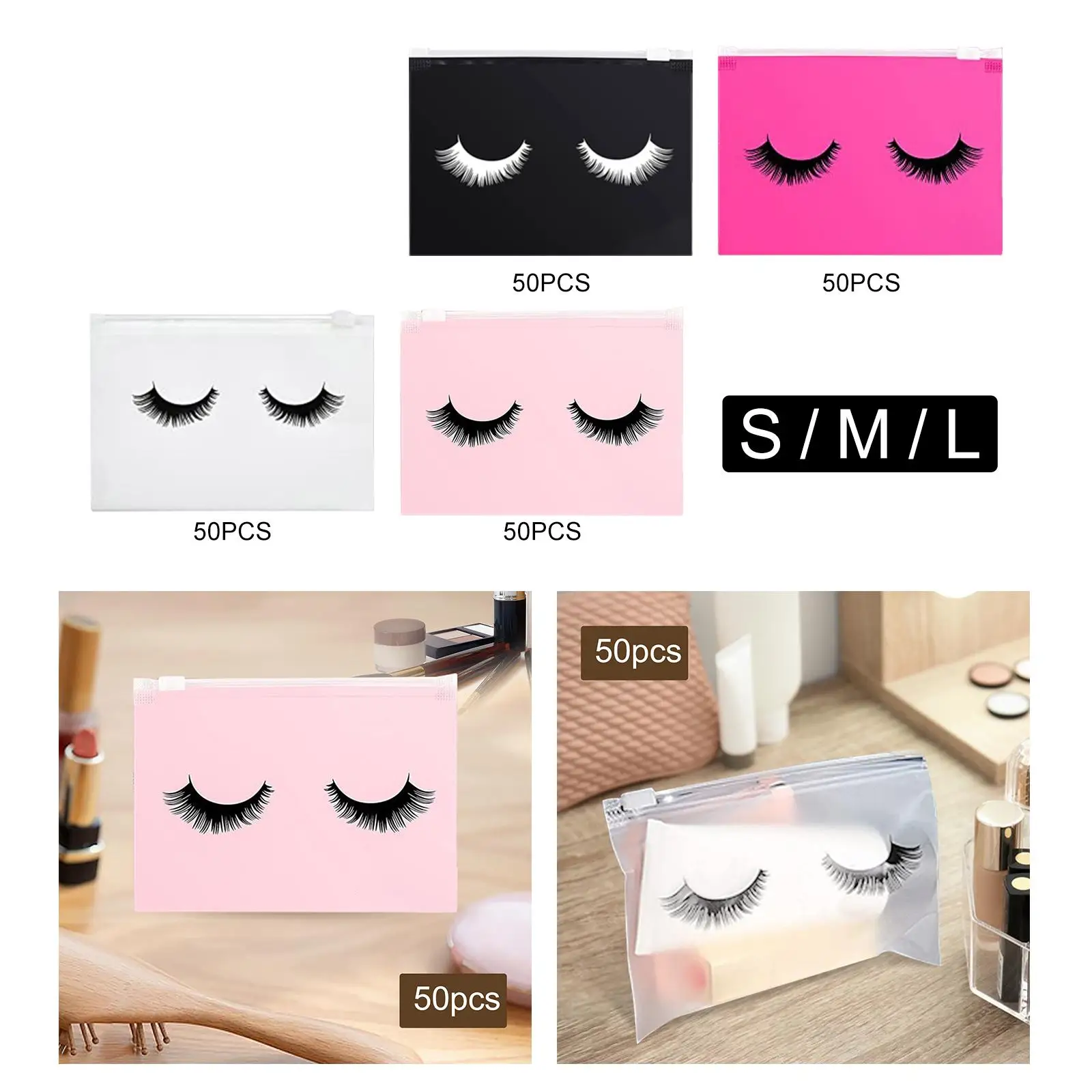 50個の空のまつげバッグ、まつげメイクアップバッグ、ジッパー付き、再利用可能、洗える、多機能ツール、まつげポーチ