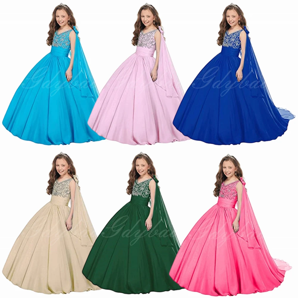 

Sleeveless With Train Flower Girls Dress Pageant Dress Chiffon Princess Birthday Party Dresses Formal Ball Gowns with Flowy Cape