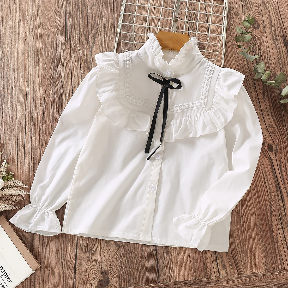 Girls Ruffled Shirt Kids White Clothes Teenagers Preppy Blouse Fashion Infant Tops School Uniforms Shirts Long-Sleeve Clothing