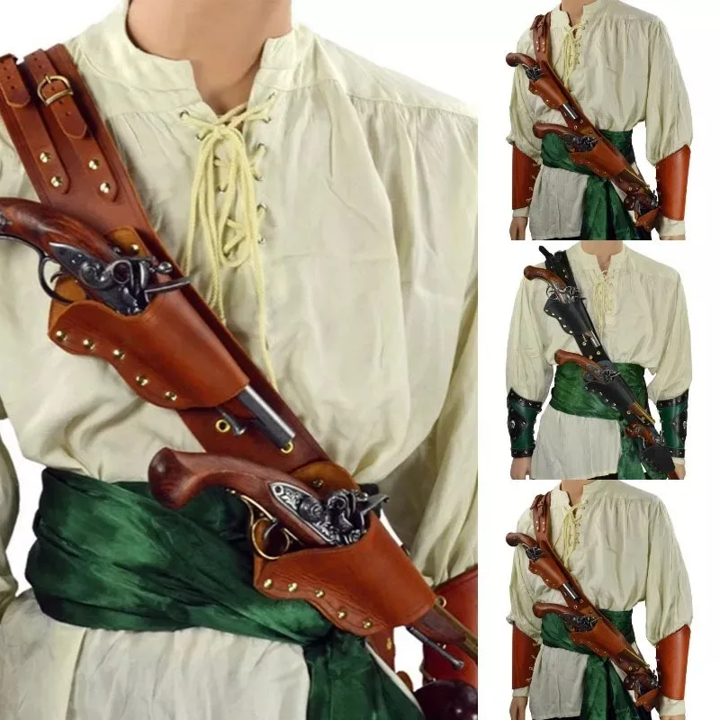 Steampunk Pirate Flintlock Pistol Holster Leather Shoulder Belt 3 Gun Bag Renaissance Captain Cosplay Costume Accessory Baldric