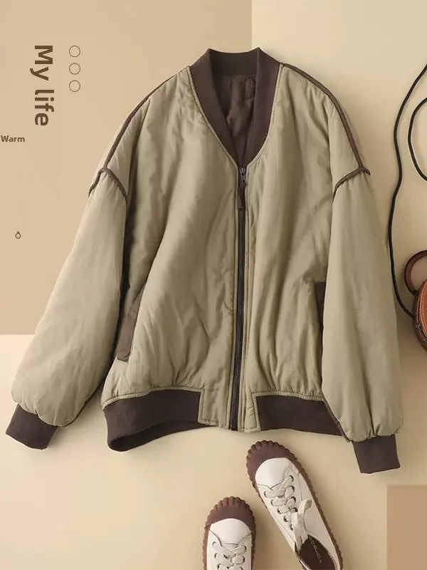 

Retro Baseball Jaet Women's Autumn Winter New Sle Cotton Filled Thiened Warm Casual Faion Zipper Color Blo Cotton Top