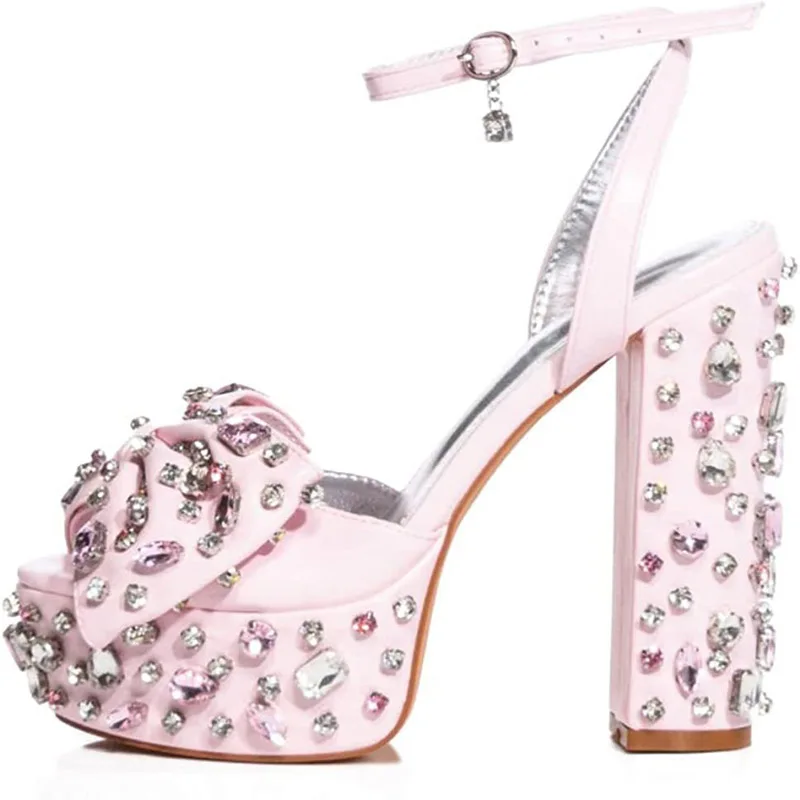 

Bling Bling Gem Rhinestone Studs Platform Bow Sandals Block Heel Ankle Strap Women Sweet Pink Crystal Butterfly Knot Pump Shoes